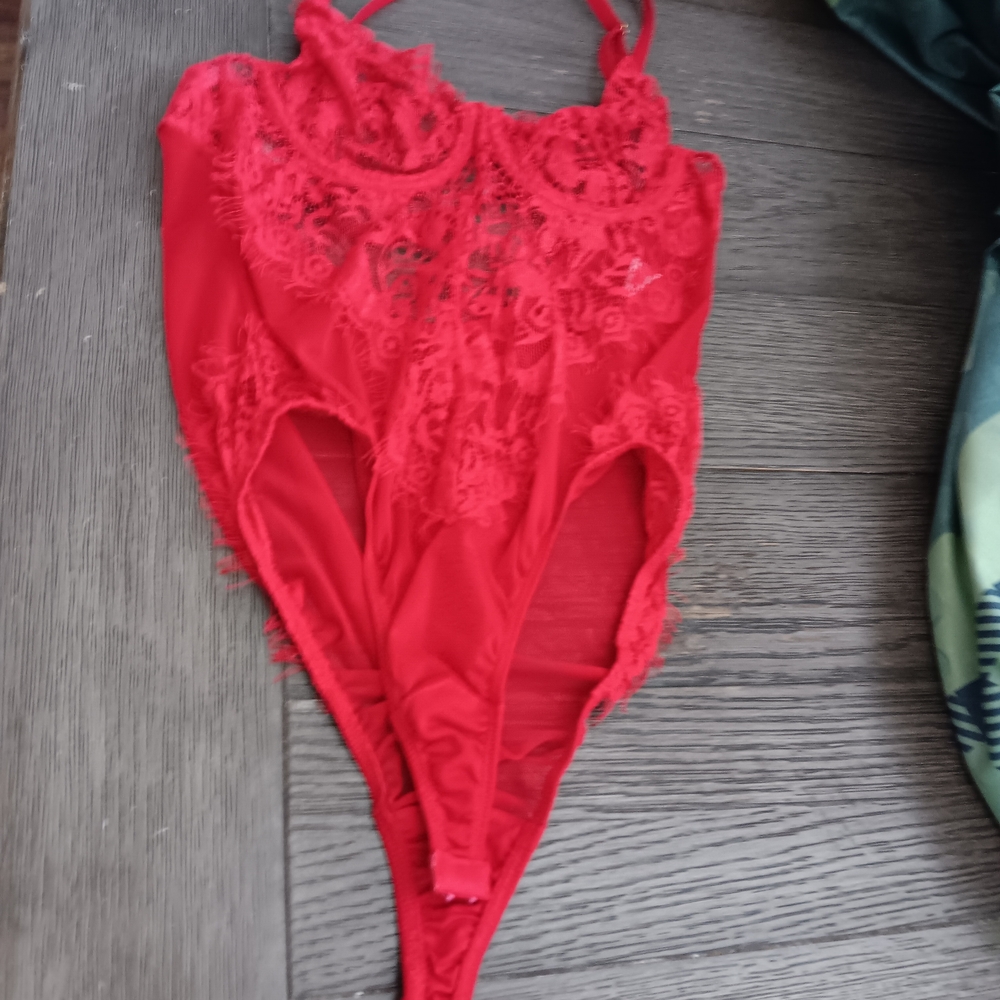 Women's Size Small, Tic Toc Red Lace Sheer Bodysuit Chemise - Sultry Lace Detail